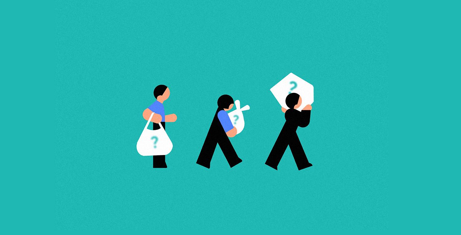 질문 보따리를 들고가는 사람들의 모습